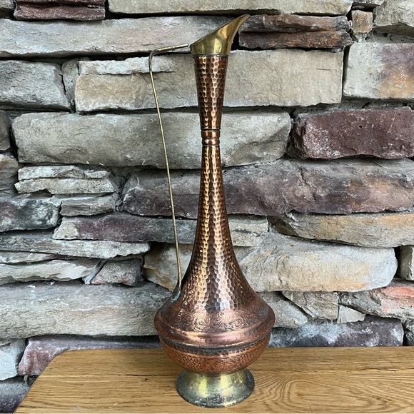 VTG Copper Ewer Brass Pedestal Hammered Etched Turkey Boho Pitcher India Decor - Picture 4 of 10